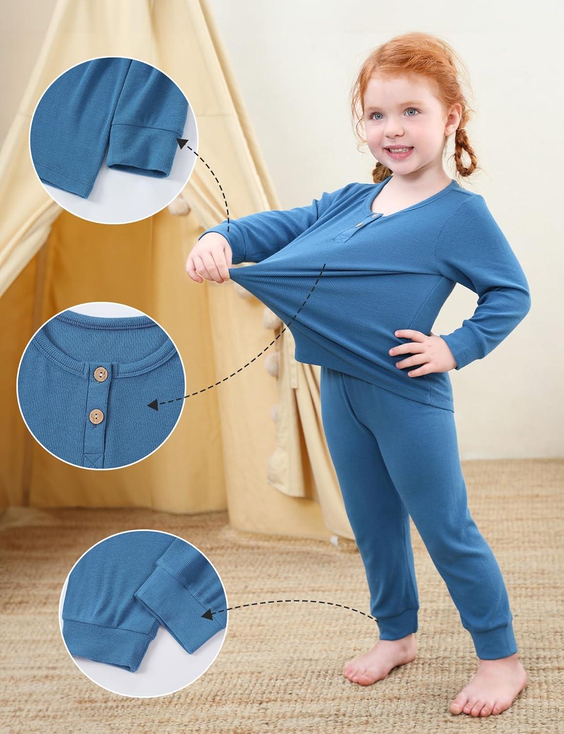 imageDIPUG Toddler Pajamas Long Sleeve HalfButton Girls Pajama Set Kids Solid Pjs Boys Soft Sleepwear 12M7YBlue