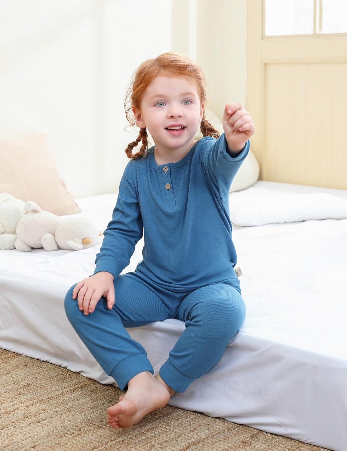 imageDIPUG Toddler Pajamas Long Sleeve HalfButton Girls Pajama Set Kids Solid Pjs Boys Soft Sleepwear 12M7YBlue