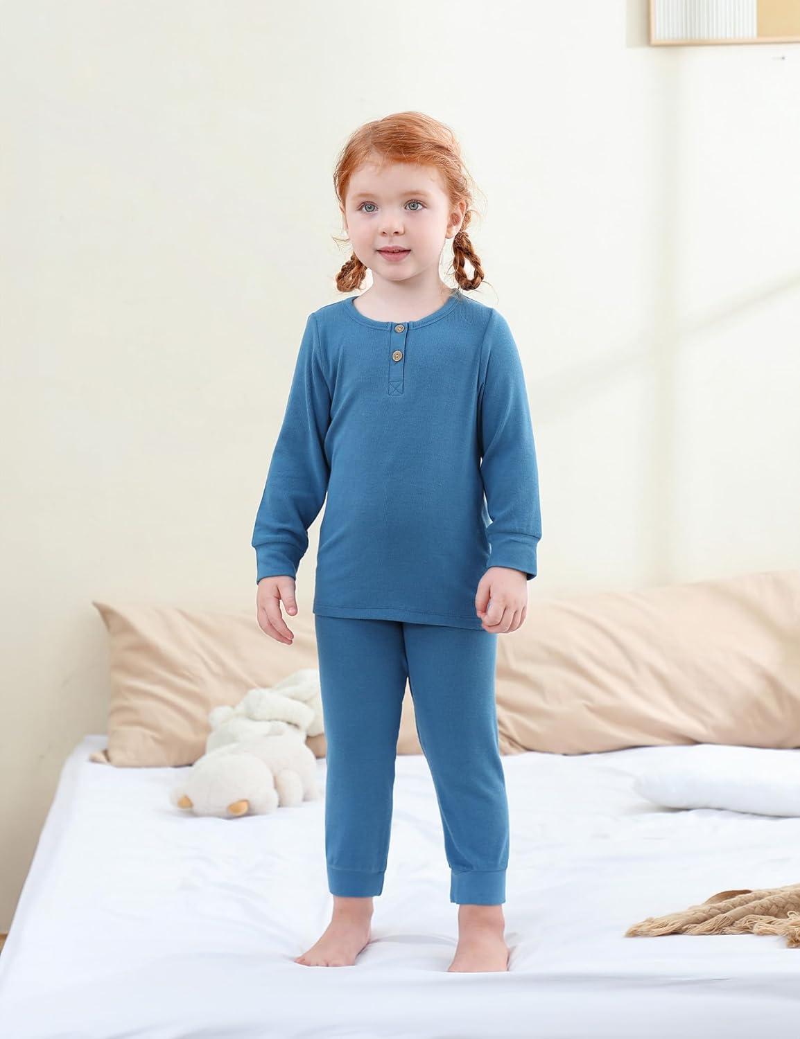 imageDIPUG Toddler Pajamas Long Sleeve HalfButton Girls Pajama Set Kids Solid Pjs Boys Soft Sleepwear 12M7YBlue