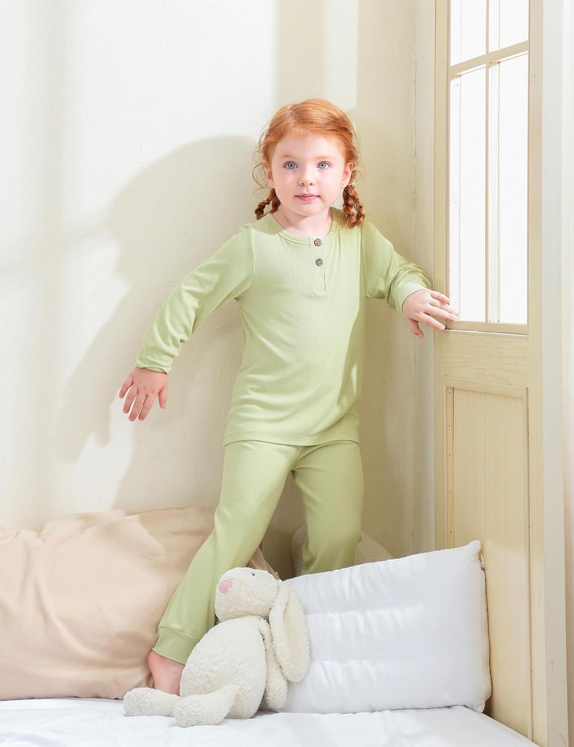 imageDIPUG Toddler Pajamas Long Sleeve HalfButton Girls Pajama Set Kids Solid Pjs Boys Soft Sleepwear 12M7YGreen