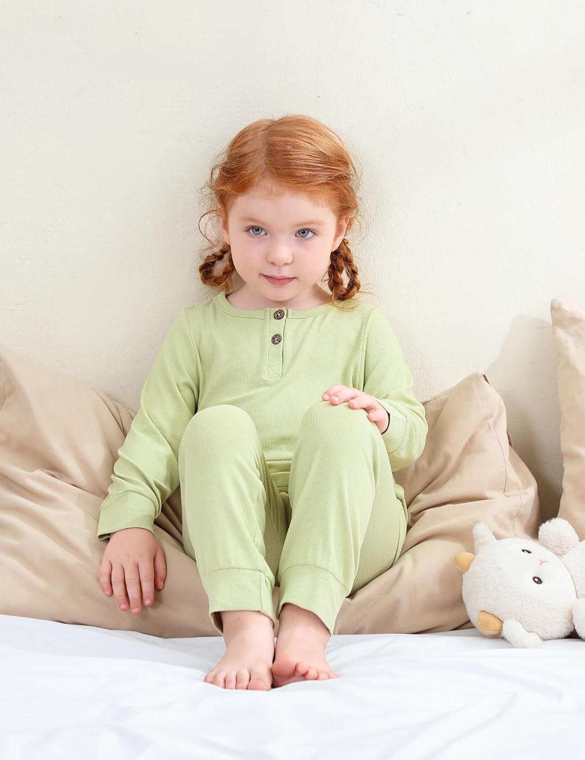 imageDIPUG Toddler Pajamas Long Sleeve HalfButton Girls Pajama Set Kids Solid Pjs Boys Soft Sleepwear 12M7YGreen