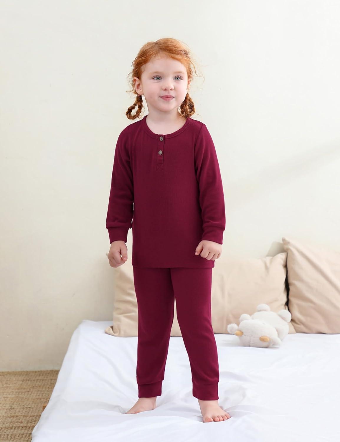 imageDIPUG Toddler Pajamas Long Sleeve HalfButton Girls Pajama Set Kids Solid Pjs Boys Soft Sleepwear 12M7YRose Red