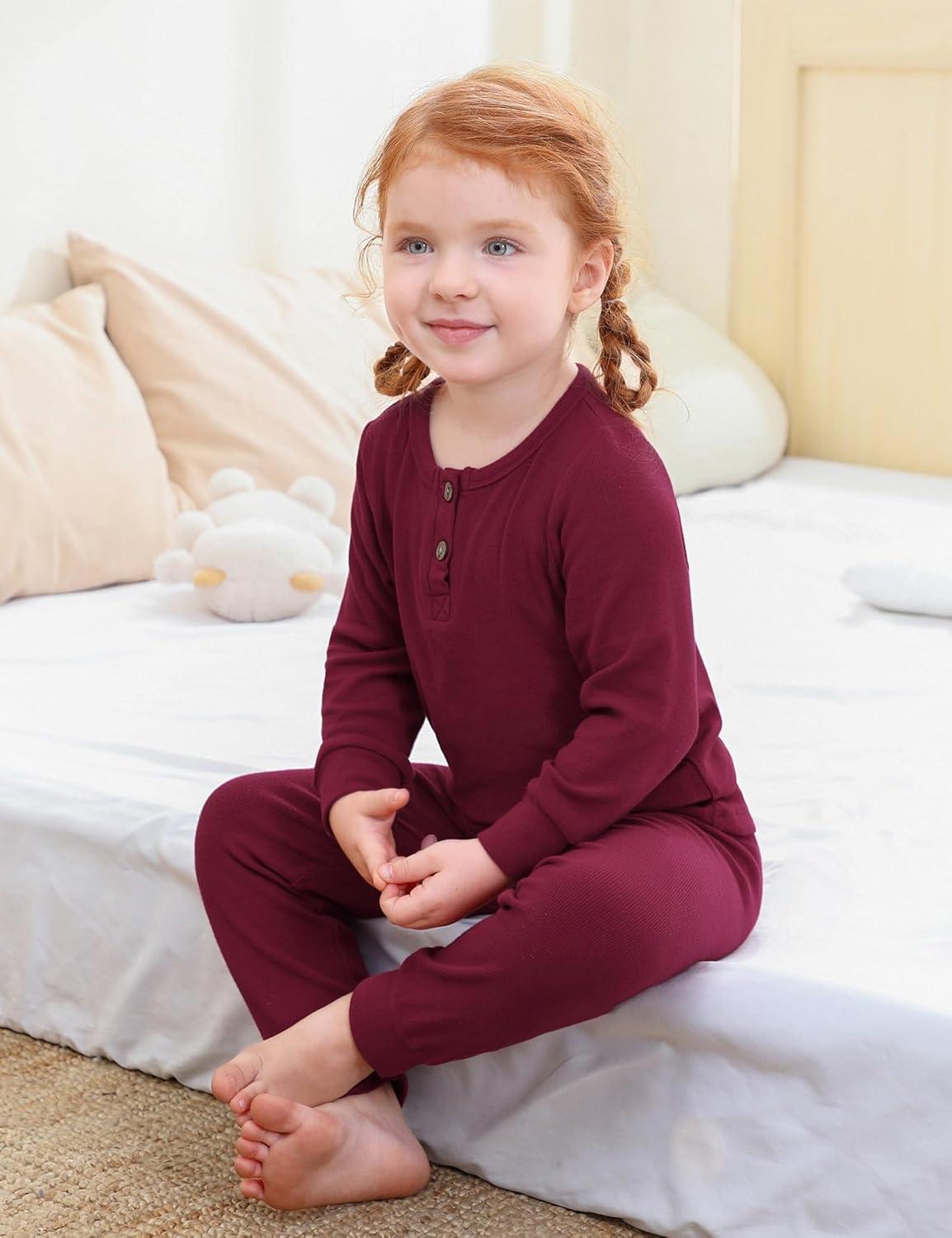 imageDIPUG Toddler Pajamas Long Sleeve HalfButton Girls Pajama Set Kids Solid Pjs Boys Soft Sleepwear 12M7YRose Red