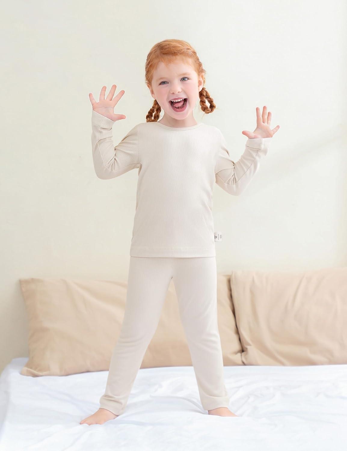 imageDIPUG Toddler Pajamas Long Sleeve Pajama Set for Kids Girls Pjs Boys Solid Soft Sleepwear 12M7YBeige