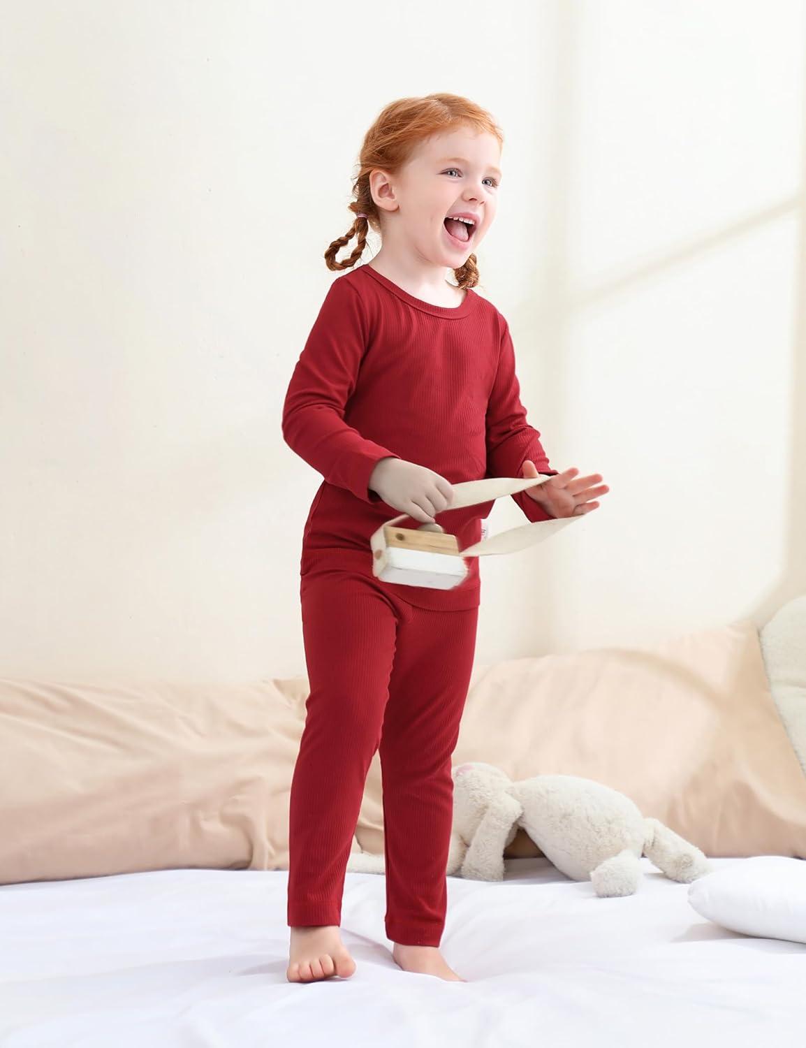 imageDIPUG Toddler Pajamas Long Sleeve Pajama Set for Kids Girls Pjs Boys Solid Soft Sleepwear 12M7YRed