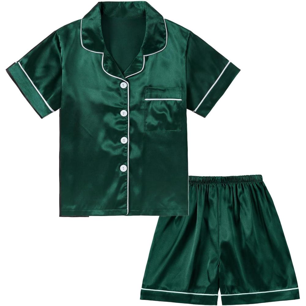 imageDIPUG Girls Pajamas Satin Pajama Set Silk Pjs Short Sleeve SleepwearDark Green