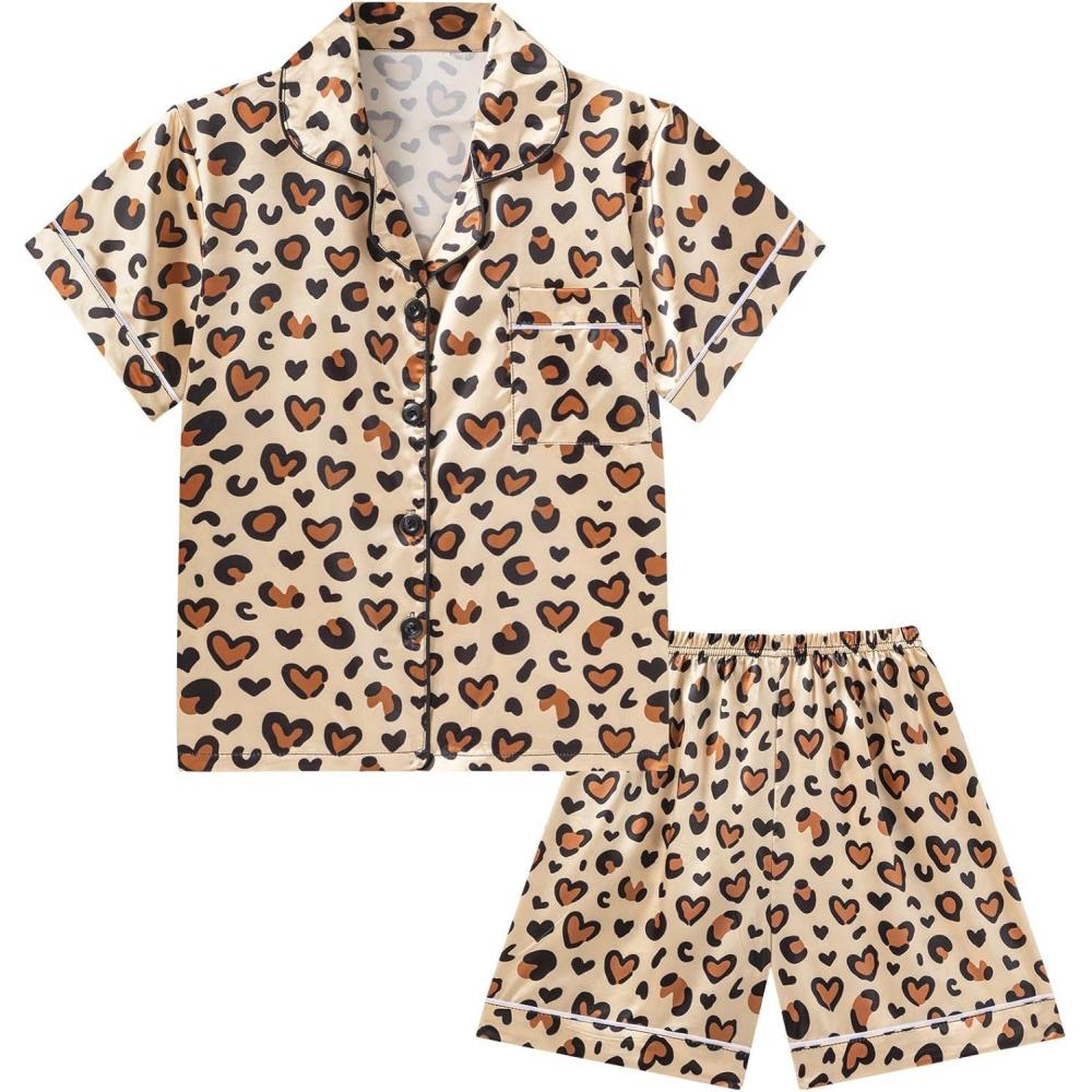imageDIPUG Girls Pajamas Satin Pajama Set Silk Pjs Short Sleeve SleepwearHeart Leopard