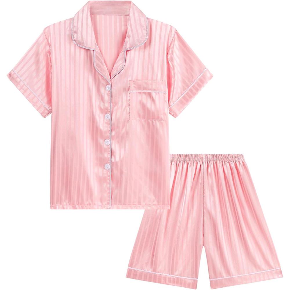 imageDIPUG Girls Pajamas Satin Pajama Set Silk Pjs Short Sleeve SleepwearJacquard Light Pink