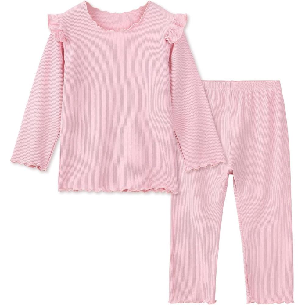 imageDIPUG Toddler Baby Pajamas Long Sleeve Ruffle Pajama Set for Girls Kids Solid Pjs Soft Sleepwear 12M7YPink