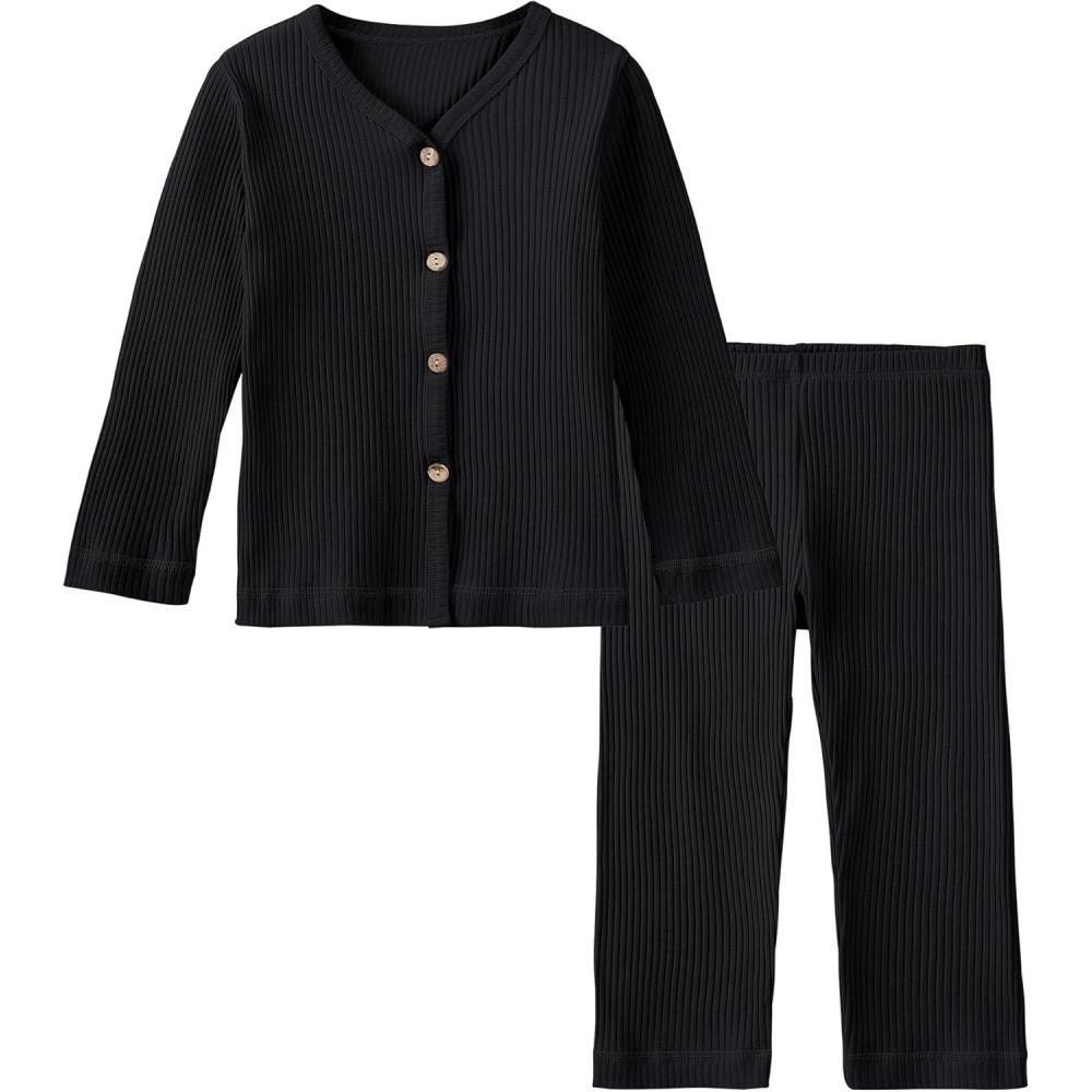 imageDIPUG Toddler Pajamas Cotton FullButton Kids Long Sleeve Pjs Girls Solid Sleepwear Set 12M7YBlack