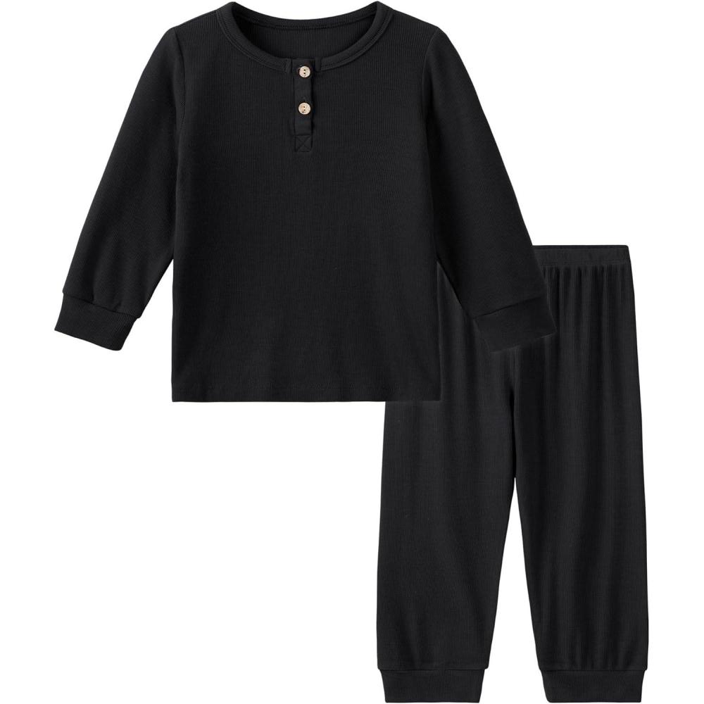 imageDIPUG Toddler Pajamas Long Sleeve HalfButton Girls Pajama Set Kids Solid Pjs Boys Soft Sleepwear 12M7YBlack