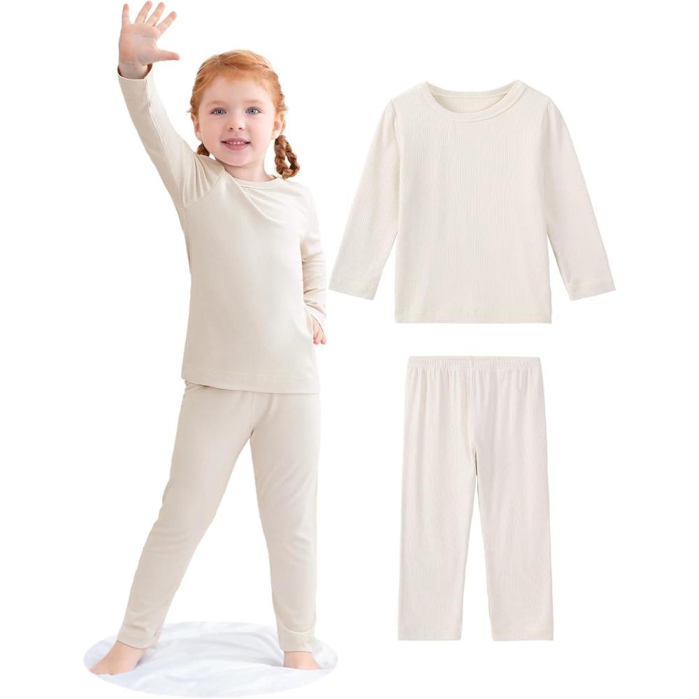 imageDIPUG Toddler Pajamas Long Sleeve Pajama Set for Kids Girls Pjs Boys Solid Soft Sleepwear 12M7YBeige