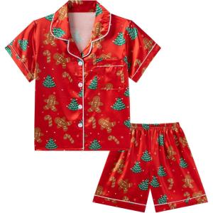 imageDIPUG Girls Pajamas Satin Pajama Set Silk Pjs Short Sleeve SleepwearChristmas Gingerbread