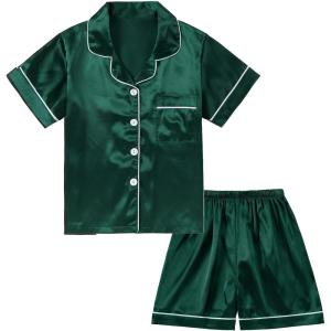 imageDIPUG Girls Pajamas Satin Pajama Set Silk Pjs Short Sleeve SleepwearDark Green