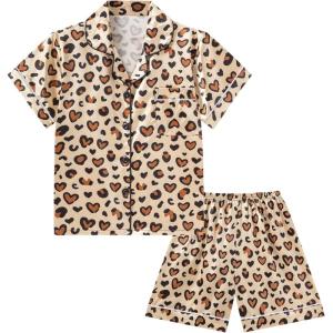 imageDIPUG Girls Pajamas Satin Pajama Set Silk Pjs Short Sleeve SleepwearHeart Leopard