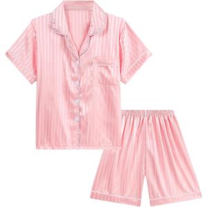 imageDIPUG Girls Pajamas Satin Pajama Set Silk Pjs Short Sleeve SleepwearJacquard Light Pink