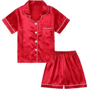 imageDIPUG Girls Pajamas Satin Pajama Set Silk Pjs Short Sleeve SleepwearRed