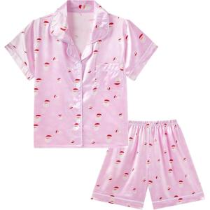 imageDIPUG Girls Pajamas Satin Pajama Set Silk Pjs Short Sleeve SleepwearSanta