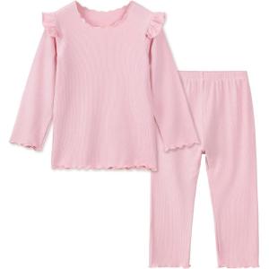 imageDIPUG Toddler Baby Pajamas Long Sleeve Ruffle Pajama Set for Girls Kids Solid Pjs Soft Sleepwear 12M7YPink