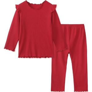 imageDIPUG Toddler Baby Pajamas Long Sleeve Ruffle Pajama Set for Girls Kids Solid Pjs Soft Sleepwear 12M7YRed