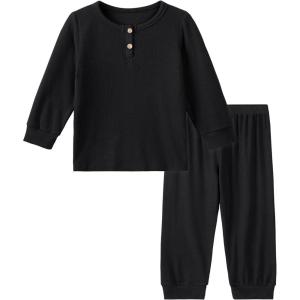 imageDIPUG Toddler Pajamas Long Sleeve HalfButton Girls Pajama Set Kids Solid Pjs Boys Soft Sleepwear 12M7YBlack