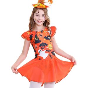 imageDIPUG Ballet Leotards for Girls Ballet Leotard with Skirt Toddler Dance Leotards Flutter Sleeve and CrissCross BackHalloween Ghost