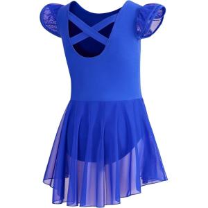 imageDIPUG Ballet Leotards for Girls Ballet Leotard with Skirt Toddler Dance Leotards Flutter Sleeve and CrissCross BackRoyal Blue