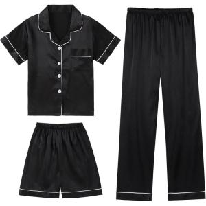 imageDIPUG 3 Piece Girls Silk Pajamas Set Soft Satin PJs Sleepwear for Comfortable NightsBlack