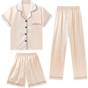 imageDIPUG 3 Piece Girls Silk Pajamas Set Soft Satin PJs Sleepwear for Comfortable NightsCanvas Champagne