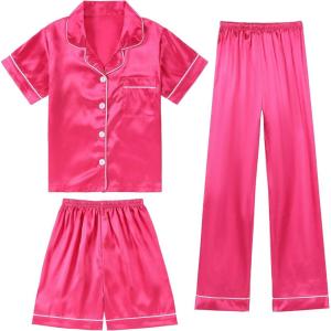 imageDIPUG 3 Piece Girls Silk Pajamas Set Soft Satin PJs Sleepwear for Comfortable NightsHot Pink