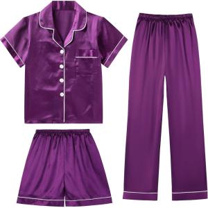 imageDIPUG 3 Piece Girls Silk Pajamas Set Soft Satin PJs Sleepwear for Comfortable NightsMid Purples