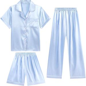 imageDIPUG 3 Piece Girls Silk Pajamas Set Soft Satin PJs Sleepwear for Comfortable NightsMiddle Blue
