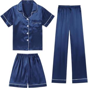 imageDIPUG 3 Piece Girls Silk Pajamas Set Soft Satin PJs Sleepwear for Comfortable NightsNavy