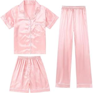 imageDIPUG 3 Piece Girls Silk Pajamas Set Soft Satin PJs Sleepwear for Comfortable NightsPink