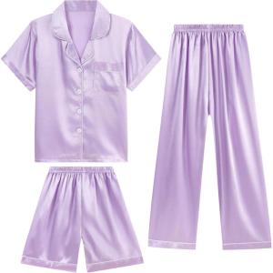 imageDIPUG 3 Piece Girls Silk Pajamas Set Soft Satin PJs Sleepwear for Comfortable NightsPurple