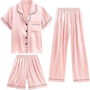 imageDIPUG 3 Piece Girls Silk Pajamas Set Soft Satin PJs Sleepwear for Comfortable NightsRose Champagne