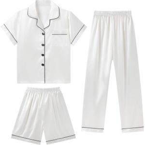 imageDIPUG 3 Piece Girls Silk Pajamas Set Soft Satin PJs Sleepwear for Comfortable NightsWhite