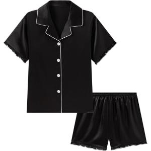 imageDIPUG Girls Pajamas Set Satin Short Sleeve Pjs with Ruffle Trim Soft Silky Sleepwear for AgesBlack