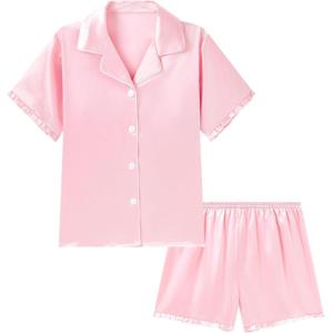 imageDIPUG Girls Pajamas Set Satin Short Sleeve Pjs with Ruffle Trim Soft Silky Sleepwear for AgesPink