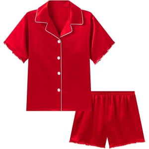 imageDIPUG Girls Pajamas Set Satin Short Sleeve Pjs with Ruffle Trim Soft Silky Sleepwear for AgesRed