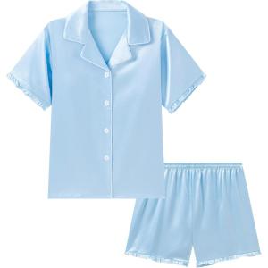 imageDIPUG Girls Pajamas Set Satin Short Sleeve Pjs with Ruffle Trim Soft Silky Sleepwear for AgesSky Blue