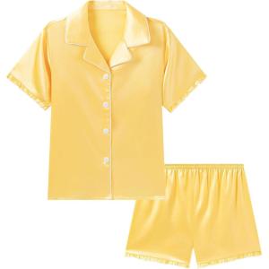 imageDIPUG Girls Pajamas Set Satin Short Sleeve Pjs with Ruffle Trim Soft Silky Sleepwear for AgesYellow