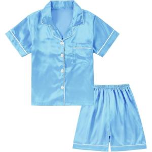 imageDIPUG Girls Silk Pajamas Set Satin Pjs for Kids Comfortable Nights SleepwearMidium Blue