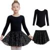imageDIPUG Long Sleeve Ballet Leotards for Girls Dance Leotards Removable Skirt with Shiny StarBlack