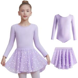 imageDIPUG Long Sleeve Ballet Leotards for Girls Dance Leotards Removable Skirt with Shiny StarPurple