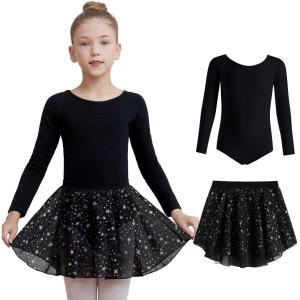 image:imageDIPUG Long Sleeve Ballet Leotards for Girls Dance Dress Removable Skirt with Shiny StarBlack