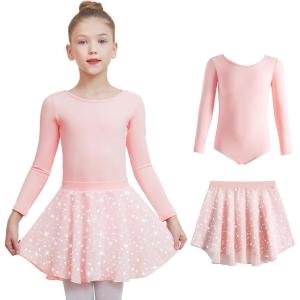 image:imageDIPUG Long Sleeve Ballet Leotards for Girls Dance Dress Removable Skirt with Shiny StarPink