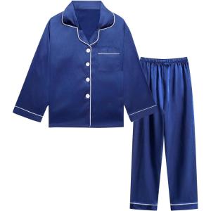 image:imageDIPUG Girls Pajamas Satin Long Sleeve Sleepwear Set Silky Feel Pjs for Kids Ages 4 to 13Navy