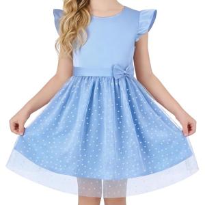 image:imageDIPUG Girls Tulle Dress Casual Birthday Party Flower Girl Summer Dresses Polka Dot Bow amp Flutter Sleeves 512YBlue